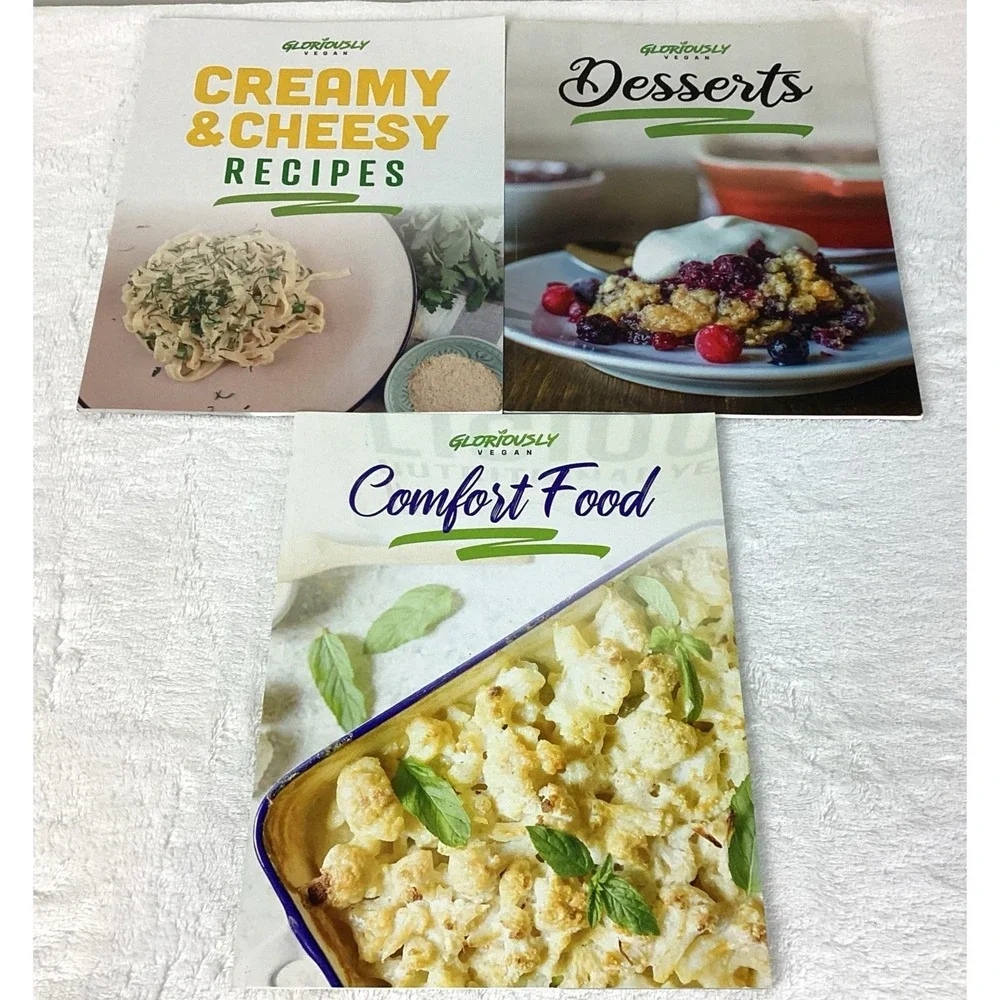 GLORIOUSLY VEGAN Cookbooks Lot of 3 - Creamy Cheesy, Comfort, Desserts 2021 Rare